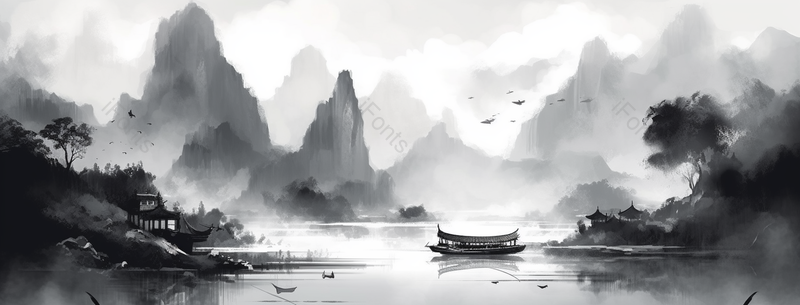 山水河流复古风意境自然景观中式风水墨画,插画/手绘图,插画/手绘图库,插画/手绘图下载,插画/手绘